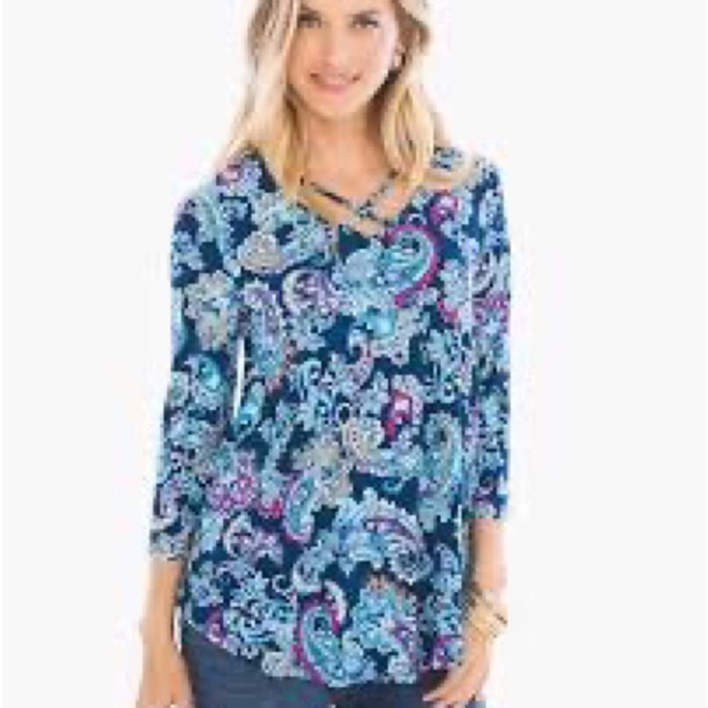 Chico’s Morning Mist Caged Top stretch floral size XL